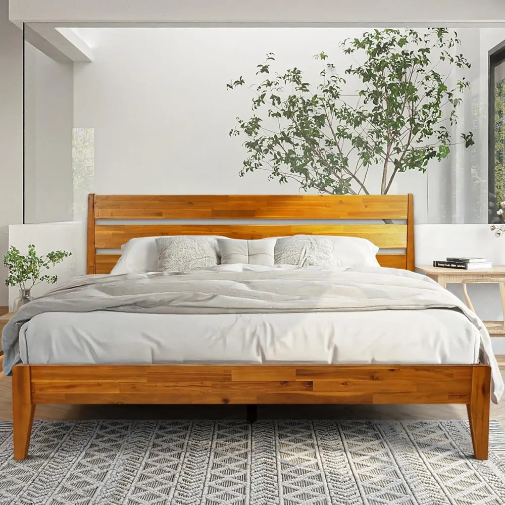 

Acacia Emery Bed Frame with Headboard Solid Wood Platform Bed, King Size Bed Frame, Mid - Century Modern Wood Bed Compatible wit