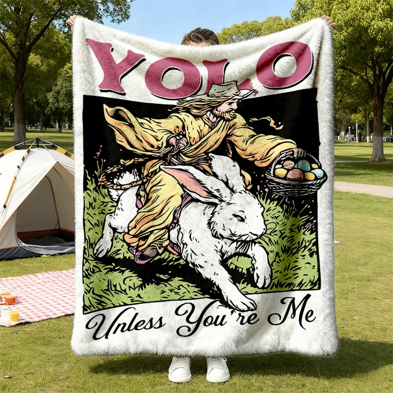 YOLO Unless You're Me Flannel Blanket, Jesus Riding Easter Bunny Flannel Throw, Religious Easter Cozy Blanket