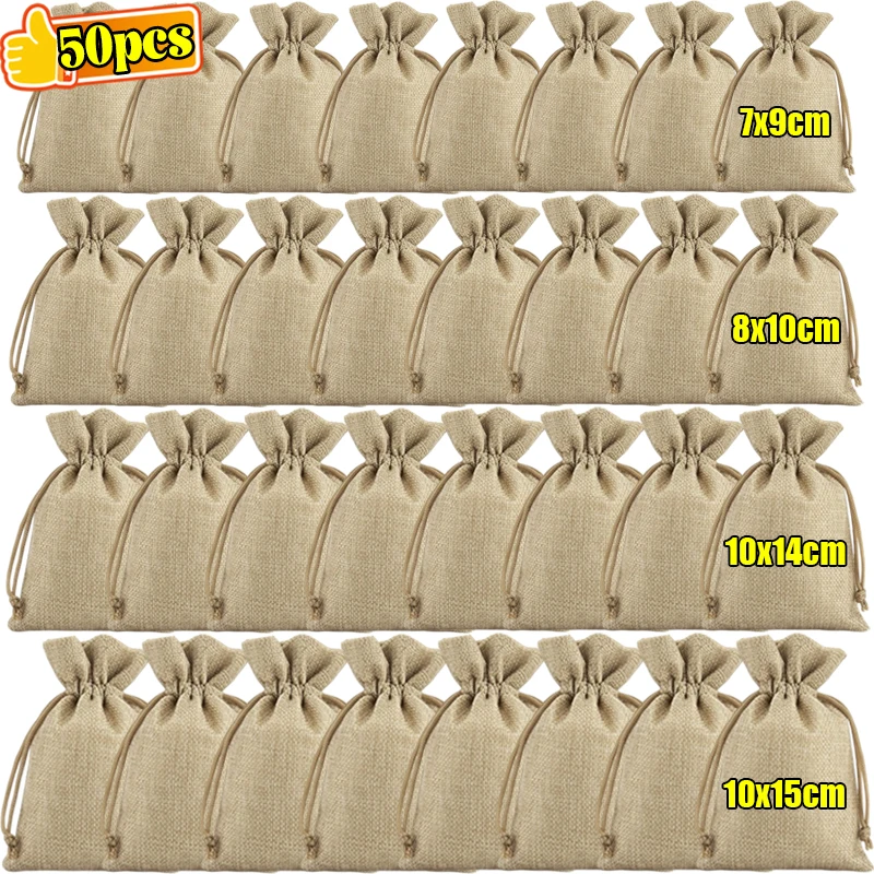 Sacs cadeaux en toile de jute à cordon de serrage, 50/10 pièces, emballage de bijoux, sac en lin, noël, mariage, bricolage artisanal, petites pochettes pour bonbons