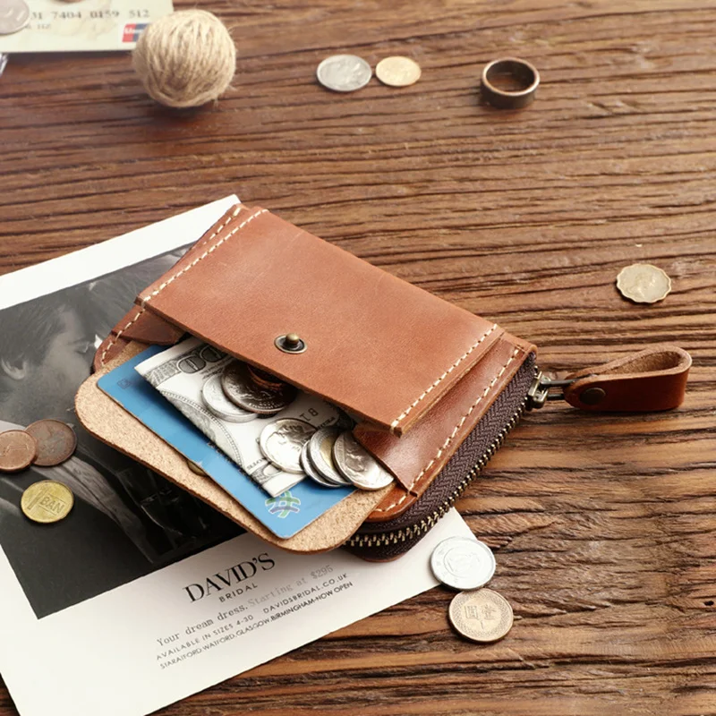 100% Genuine Leather Wallet For Men Male Cowhide Vintage Handmade Short Zipper Mens Purse Card Holder With Coin Pocket Money Bag