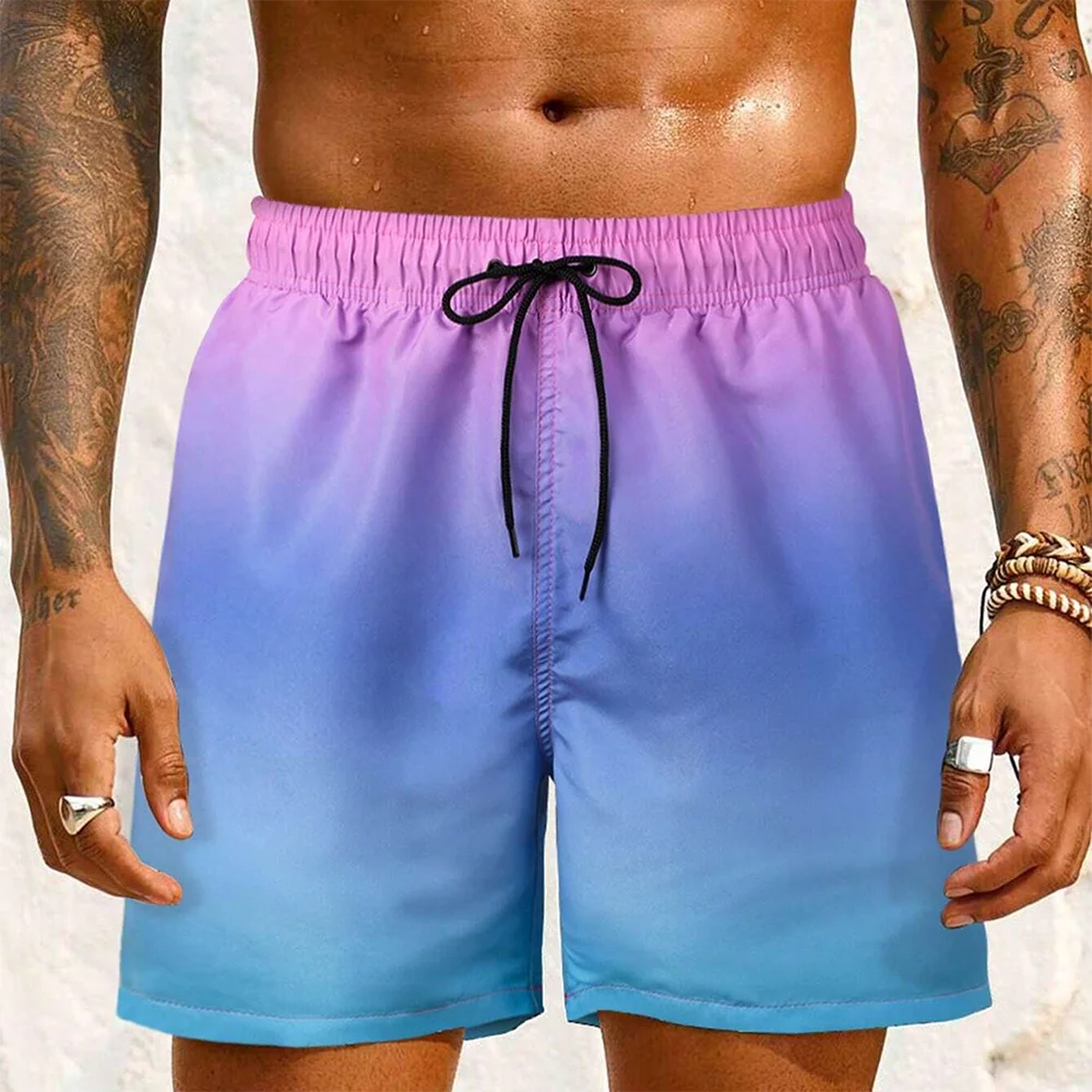 Large Size Men\'s Colorful Gradation Surf Beach Pants Quick Dry Drawstring Shorts Bottoms Casual Daily Short Pant Men Swim Trunks