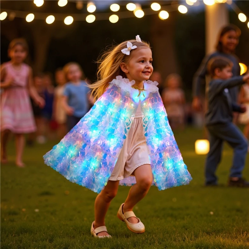 New Children LED Light Up Mermaid Cape Princess Girls Glow Sequins Cloak For Birthday Photography Photo Shooting Clothes