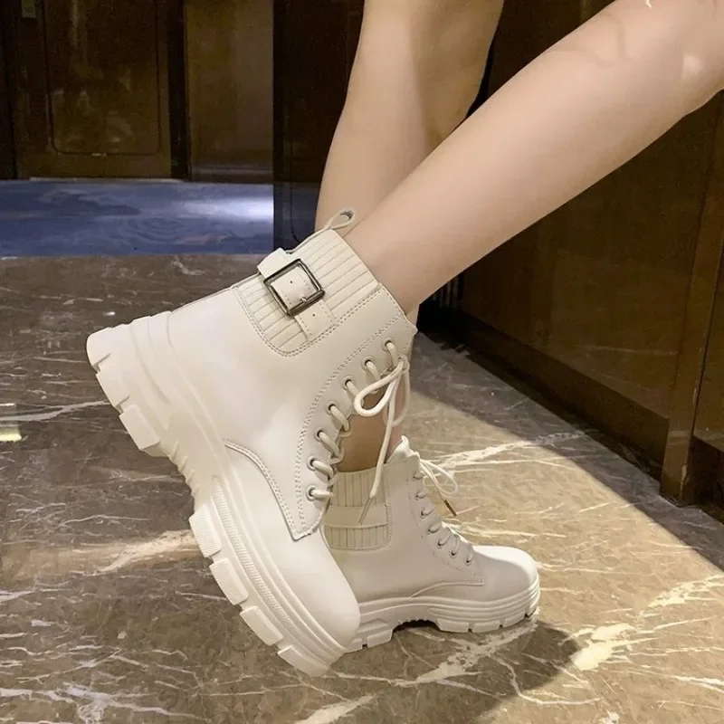 Woman Boots Fashion Platform Heel Round Toe Ankle Boots British Style Belt Buckle Solid Color Splice Lace Up Booties Botas Mujer