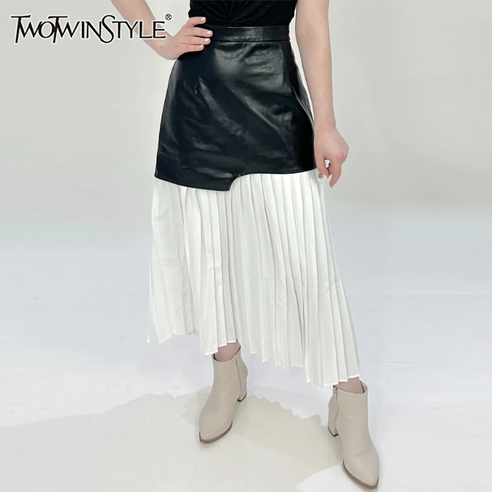 

TWOTWINSTYLE Элегантная лоскутная юбка из искусственной кожи для женщин с высокой талией, хитовый цвет, трапециевидные повседневные юбки-миди, женская мода, новый стиль