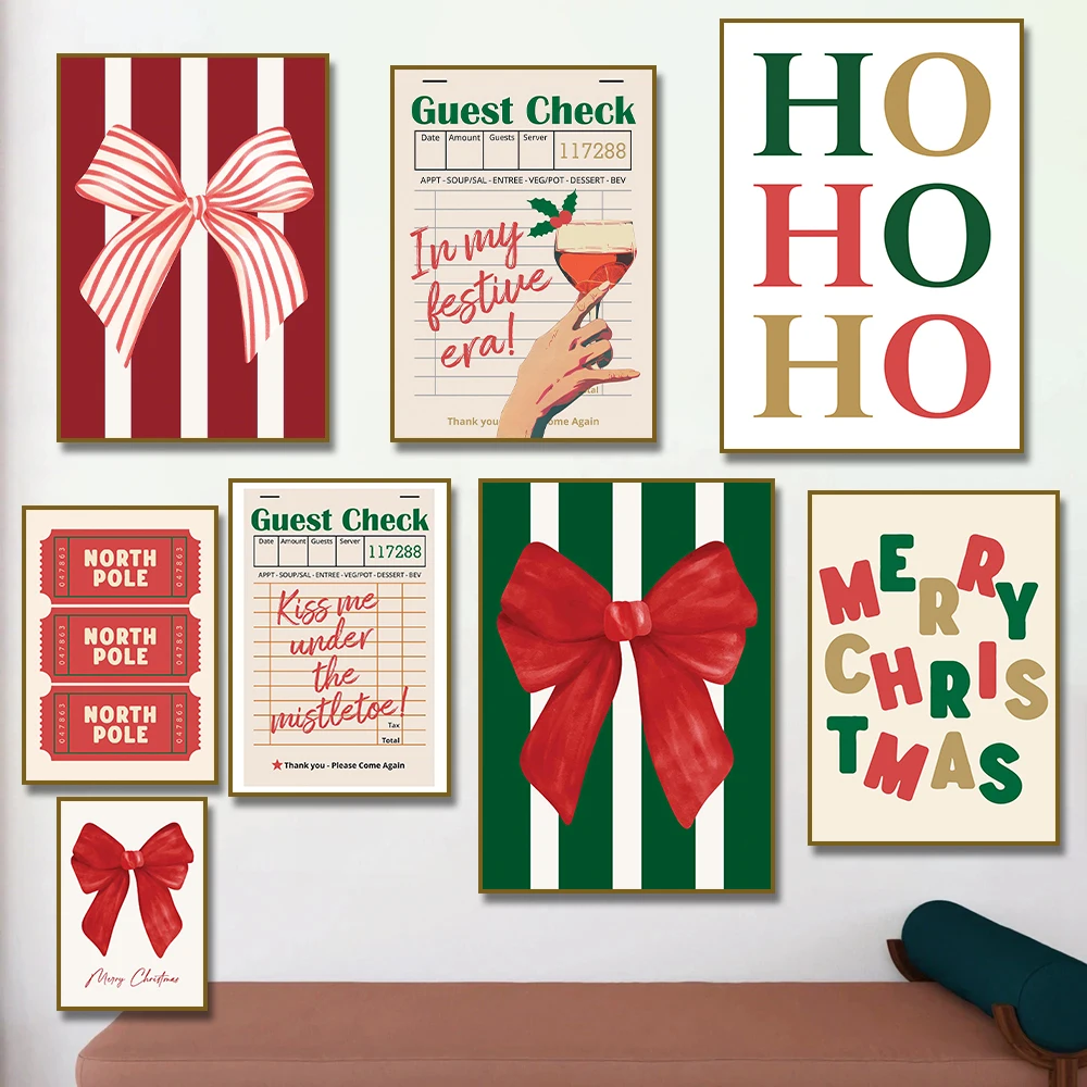 1PC  Merry Christmas Red Bow Trendy Guest Check Typography Poster Print Canvas Painting Holiday Wall Home Decor Cuadros