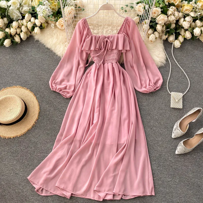 Chic Pleated ruffle Puff Sleeve Dress A-line Chiffon High Waist Lace-up Beach Vacation Party Dress Women Summer Spring Vestidos