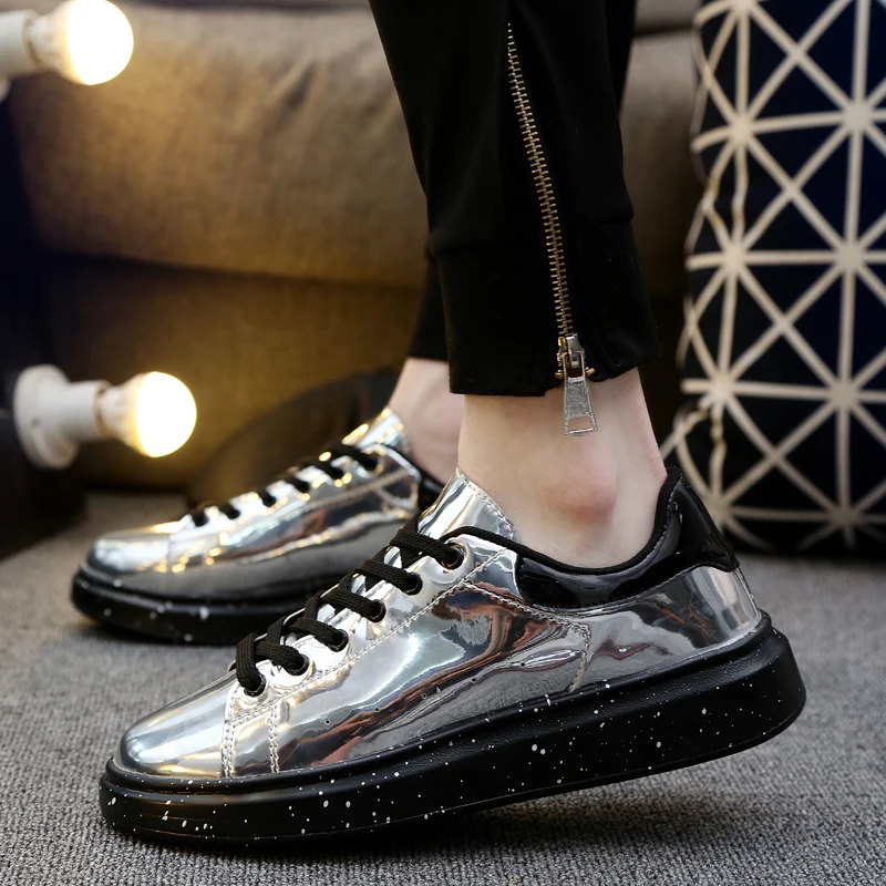 Fashion Silver Men\'s Mirror Shoes Punk Casual Shoes Men Light Leather Flat Sneakers Streetwear Sneakers Men Rock Hip Hop Shoes