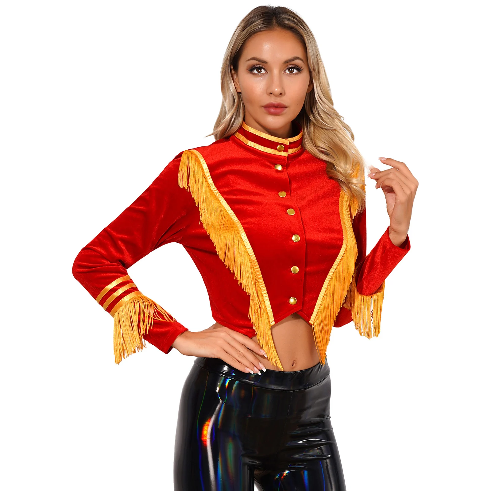 Womens Halloween Circus Ringmaster Cosplay Velvet Outerwear Medieval Renaissance Coat Tassel Stripe Pointed Hem Crop Jackets