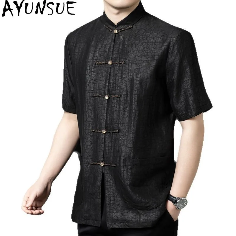

AYUNSUE 100% натуральная шелковая рубашка из тутового шелкопряда, мужская одежда, летние топы 2026, модные рубашки с коротким рукавом, мужская черная рубашка, Chemise Homme
