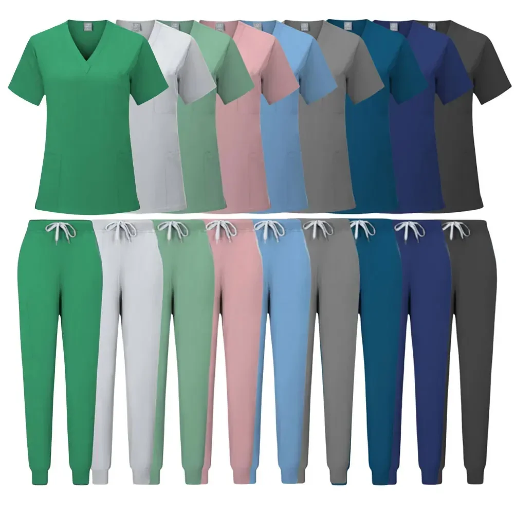 Moda esfrega ternos esfrega conjunto para mulheres corredores topos + calças hospital médico uniforme de enfermagem com decote em v cor sólida workwear cirúrgico