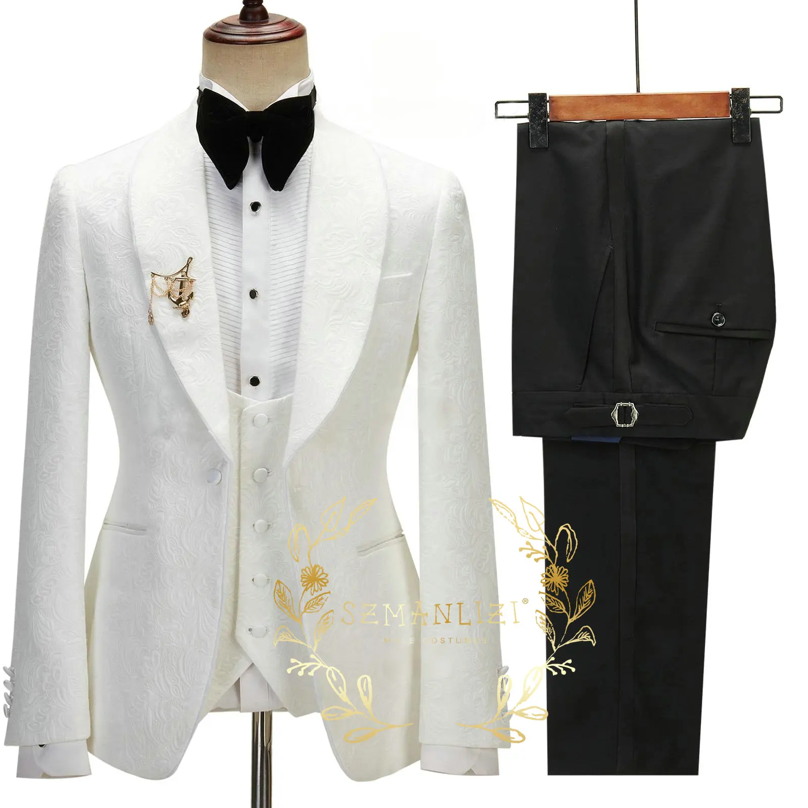 

White Jacquard Wedding Groom Tuxedo 3pcs Blazer Vest Pants Formal Party Prom Performence Men's Suits Customized Man Set