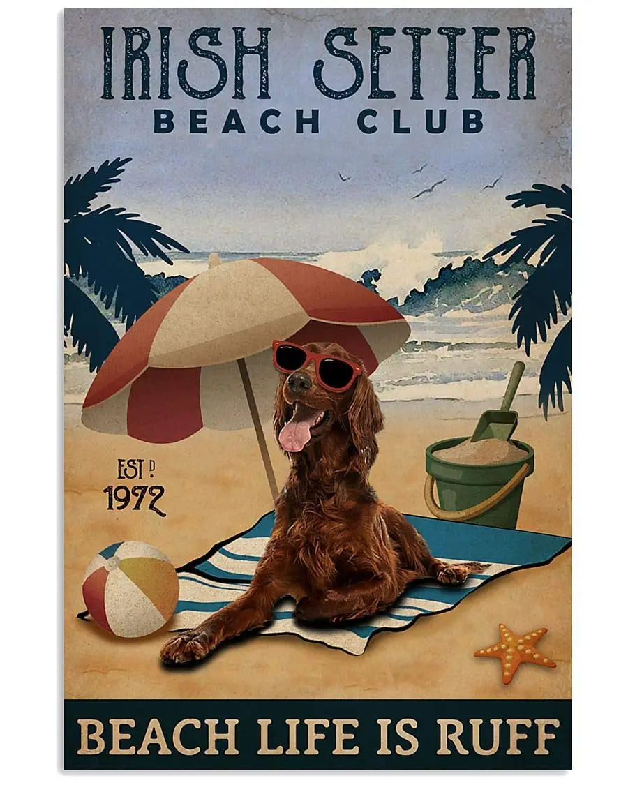 JIUFOTK Irish Setter Beach Club Metal Signs Retro Dog Posters Suitable For Room Bathroom Bar Garage Wall Decor Plaque 8x12 Inche