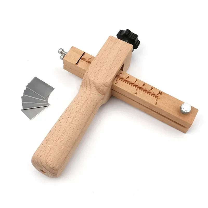 Adjustable Leather Strap Cutter with 5 Blades Wooden Leathercraft Strip Belt DIY Hand Cutting Wooden Strip Cutter Leather Tool