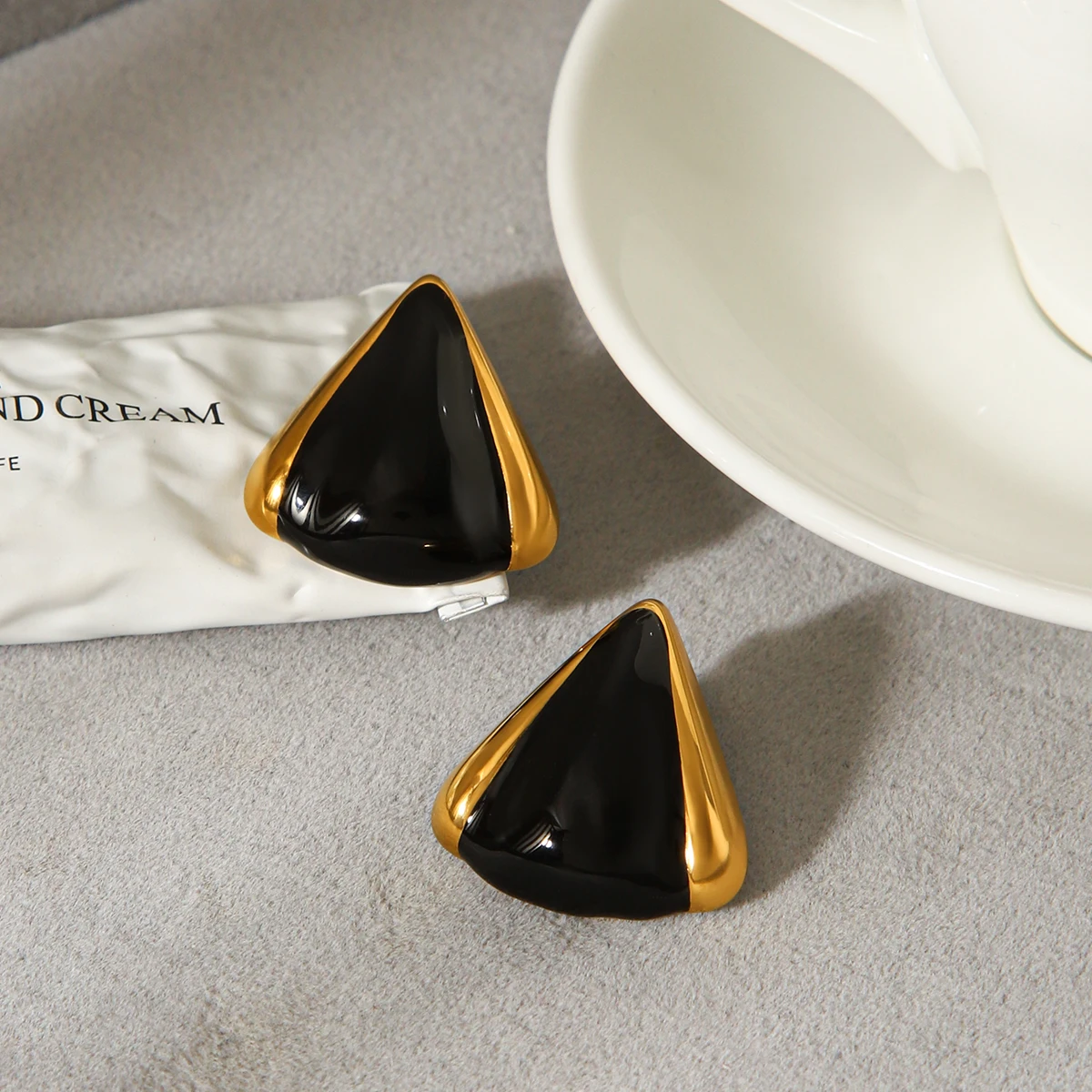 

18K Gold Plated Triangular Stud Earrings For Women Black Gold Tone Hypoallergenic 316L Stainless Steel Daily Party Jewelry