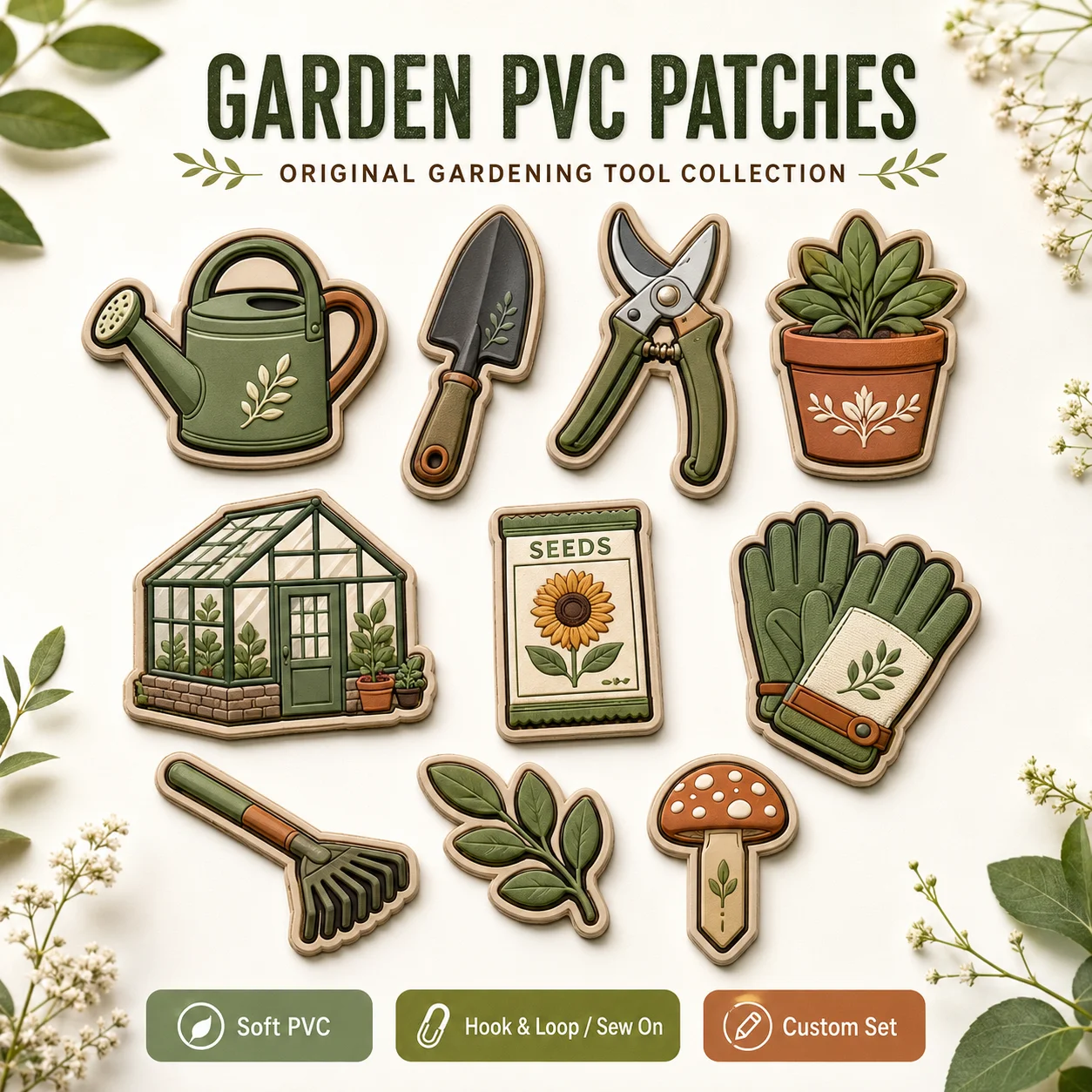 Custom Garden PVC Patches Watering Can Shovel Pruner Flower Pot Greenhouse Soft Rubber Hook and Loop for Bags Jackets Hats