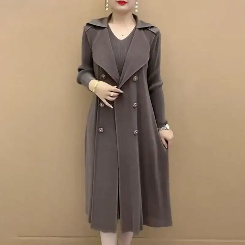 Fashionable Pleated Suit Collar Fake Two Piece Trench Coat 2024 Autumn Winter Waist Pleats Wind Dress Coat