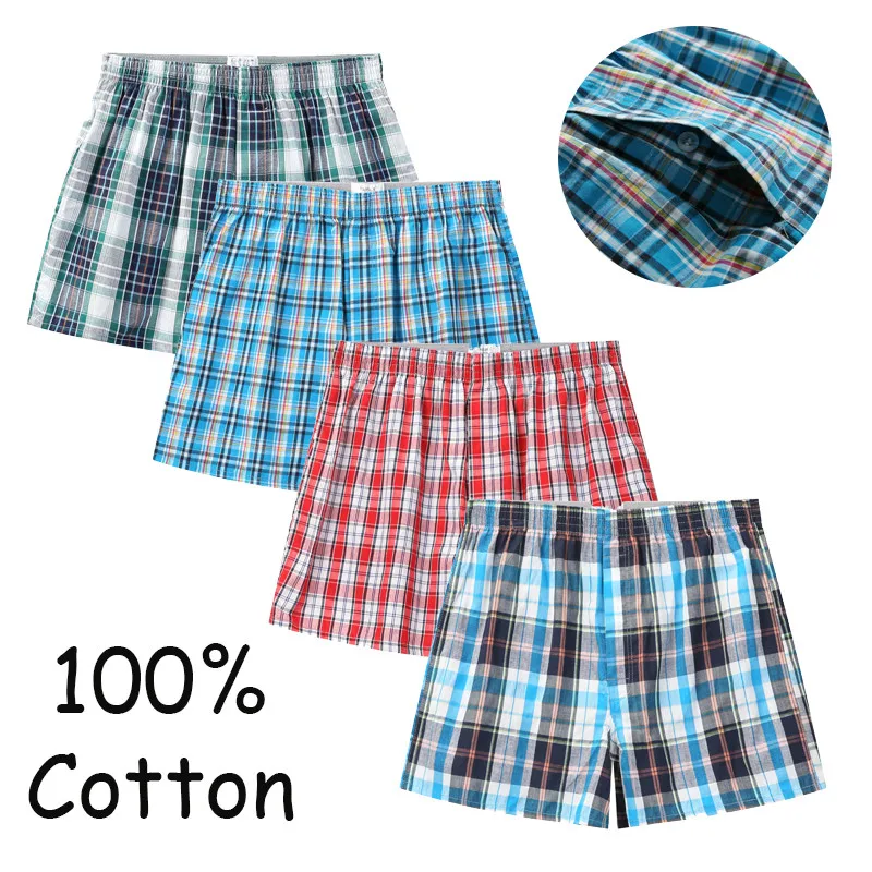 XL-6XL Plus Size Mens Underwear Cotton Boxers Shorts Loose Home Wear Sleepwear Underpants Elastic Waistband Plaid Boxers Soft