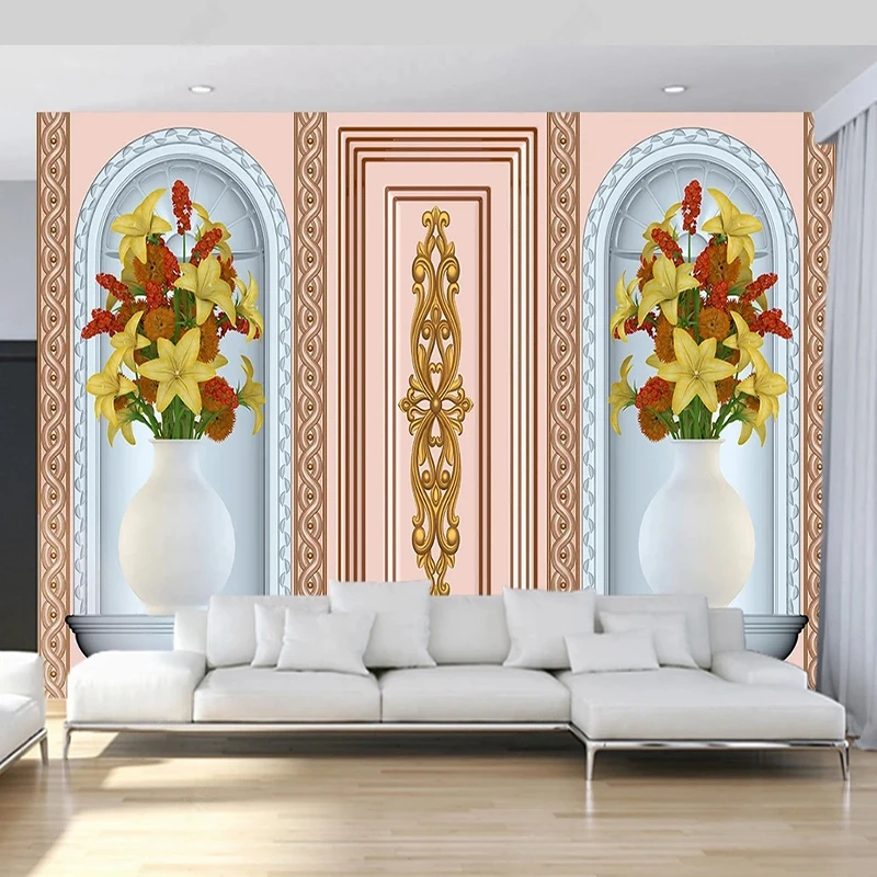 3D European Style Photo Murals Art Wallpapers Golden Carved Plant Vase Flower Custom Any Size Wall Papers Home Interior Decor