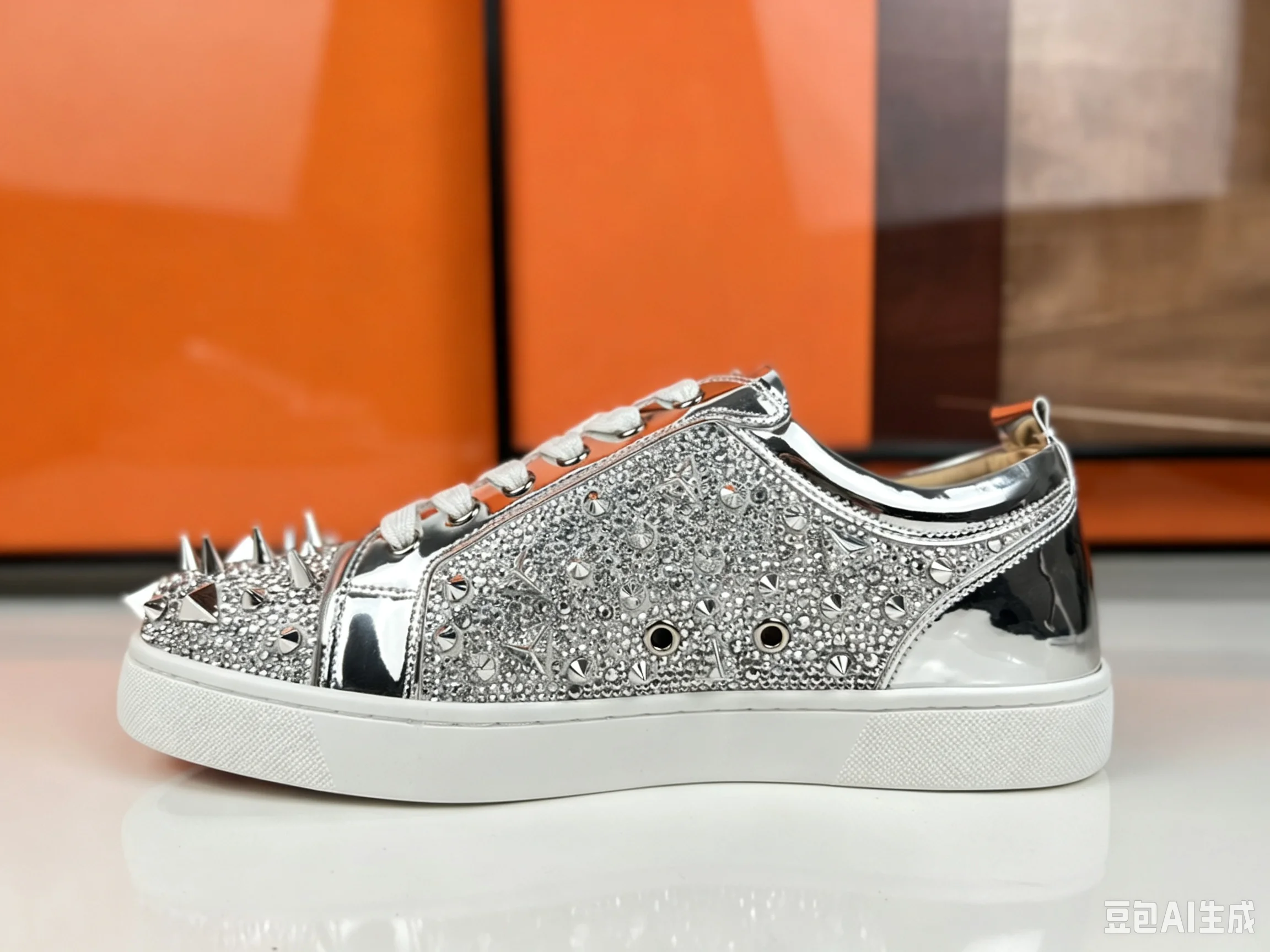 Luxury Men's Rhinestone Rivets Low Top Silver Patent Leather Red Bottom Sneakers Casual Boat Shoes Fashion Party Footwear