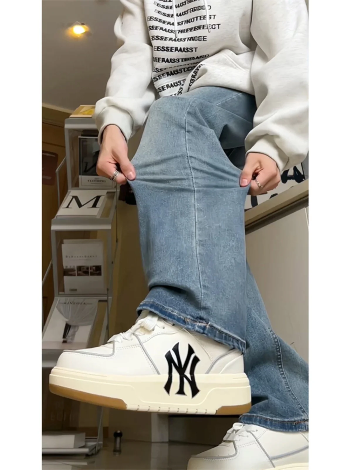 الرجعية الأمريكية Sle الرجال الجينز مستقيم الساق عادية سليم صالح ربيع الخريف شارع العليا Faion السراويل الطويلة العصرية