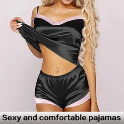 Women's Glossy Silk Pajama Set, Solid Color Backless Top and Shorts, Comfortable and Cool Summer Casual Wear Two-Piece Set