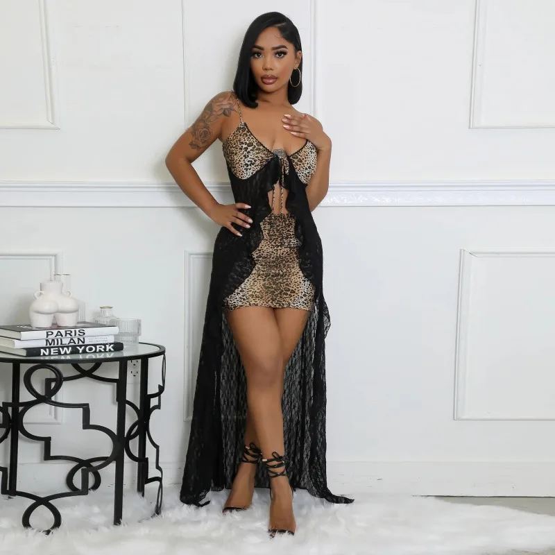 KEXU Fashion Robe longue sexy en dentelle transparente imprimé léopard pour femme avec bretelles et col en V profond avec mini-jupe