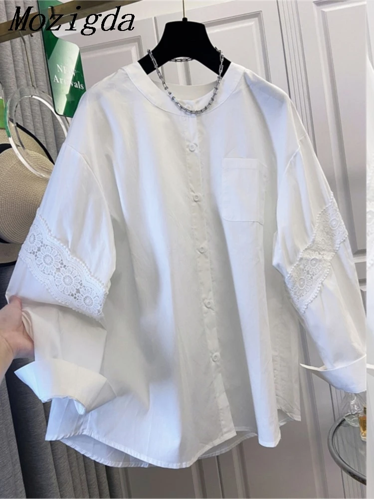 

Spring Patchwork Designer Lace Embroidered Blouse Women's Fashion Long Sleeve Stand Collar Shirt Stylish Breathable