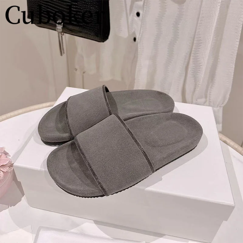 

2024 Summer Peep Toe Kid Suede Mules Women Casual Platform Slippers Comfort Beach Flat Slippers Non Slip Flat Slides Shoes Femme