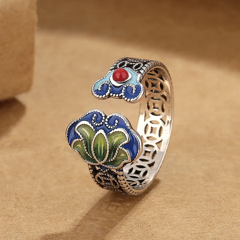 

Vintage Hollow out China-Chic Lotus Ruyi Copper Coin Ring Female Ethnic Style Glue Drop Process Adjustable Handicrafts