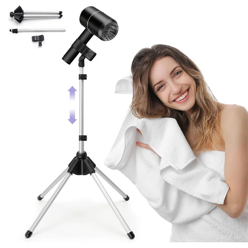 ABZV-verstellbarer Haartrocknerständer mit Stativ und Universalclip, 29-59 Zoll drehbarer Haartrocknerhalter, 360-Grad-Drehung