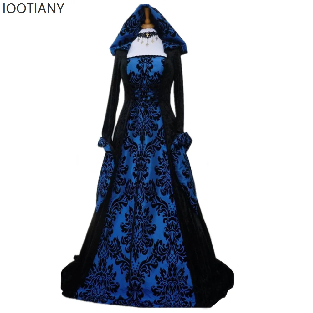 IOOTIANY Retro Gothic Embroidery Print Hooded Long Sleeve Dress Fashion Swing Dress Cosplay Palace Dress Carnival Party Outfit