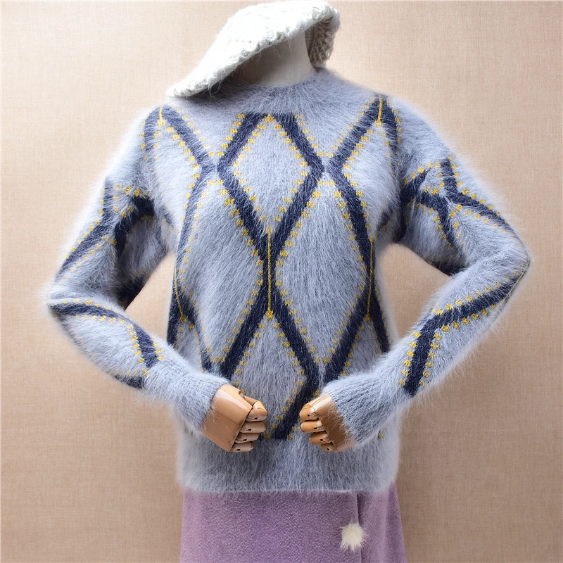 Women Mujer Autumn Winter Clothing Grey Plaid Hairy Angora Rabbit Hair Knitted O-Neck Long Sleeves Slim Blouses Pullover Sweater