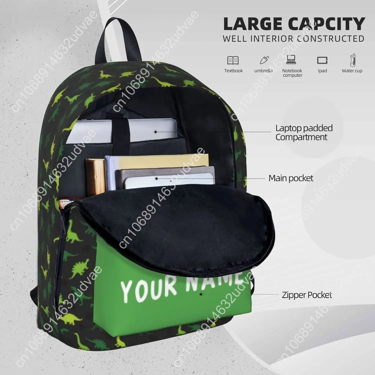 Dinosaur-Green Laptop Backpack for Girls Boys, Customized with Name, 17in