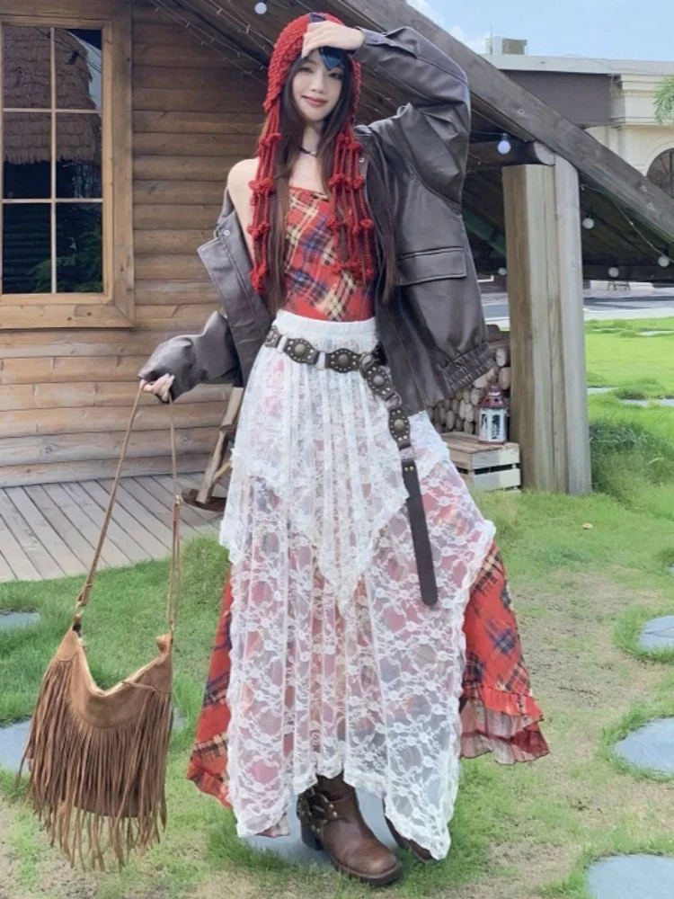 패션 하라주쿠 여름 빈티지 비대칭 불규칙 레이스 트림 홀터 드레스 레이어드 스커트 여성 패션 앙상블 고스 스커트