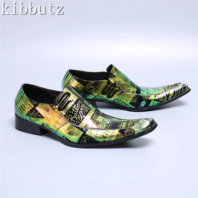 Mens Green Printing Loafers Luxury Design Genuine Leather Pointed Toe Slip-On Oxford Shoes Casual Male Footwear