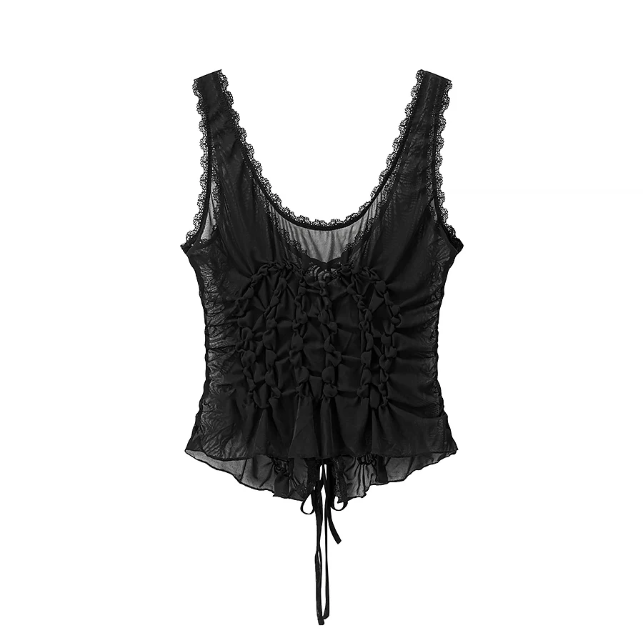 DUOPERI النساء Y2K موضة الصلبة مطوي الدانتيل يصل سليم المناسب بروتيل الأشرطة الخامس الرقبة أنثى شيك سيدة عادية تانك القمم #4