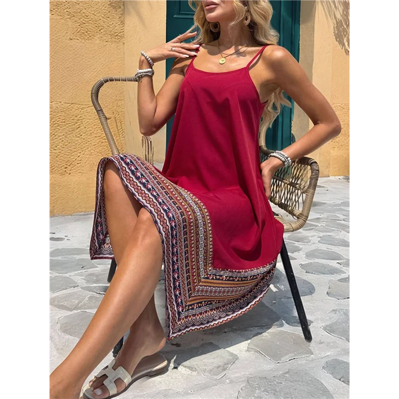 【SEE】Vestido largo bohemio con bloques de color para mujer, vestidos hawaianos con tirantes finos fluidos