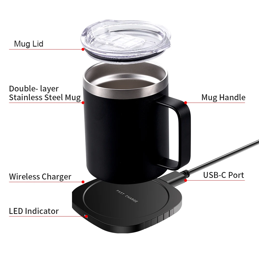 2 IN 1 Coffee Mug Warmer and Wireless Charger with Cup and Lid 55℃/131℉ Intelligent Constant Temperature 10.5oz