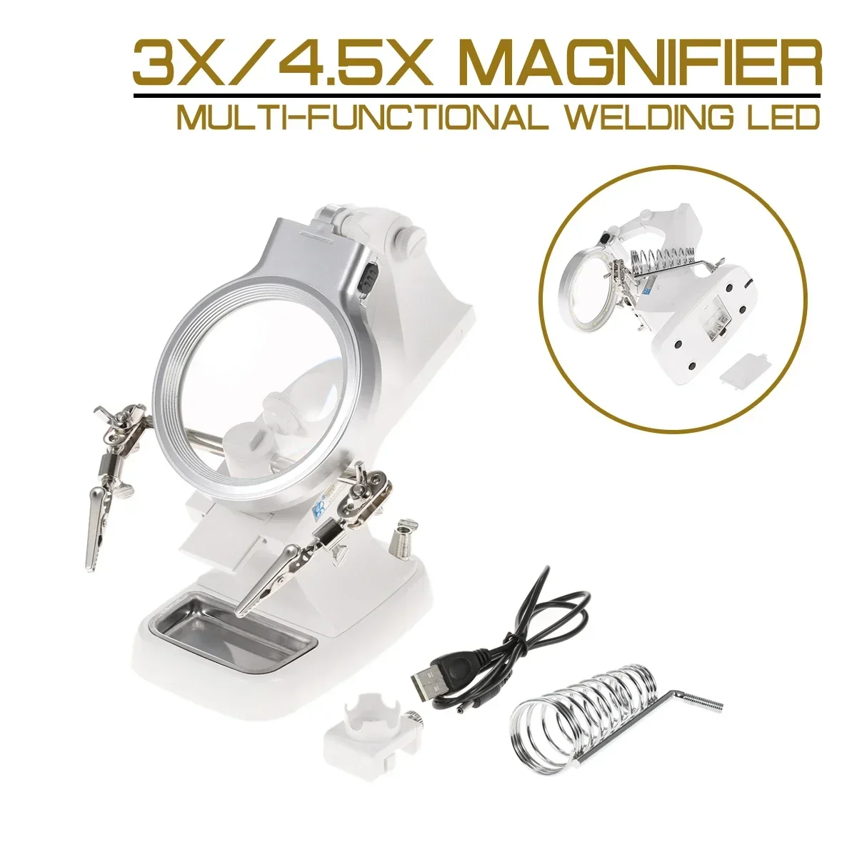 Multi-functional 3X/4.5X Magnifier Welding  LED Alligator Clip Holder Clamp Helping Hand Soldering Mgnifying Repair Tool