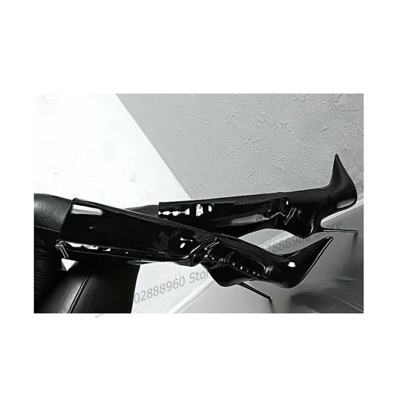 Knee High Black Leather Pointy Slim Boots Stilettos High Heel Women Shoes Side Zipper Pointed Toe Gogerous Sexy Women Boots
