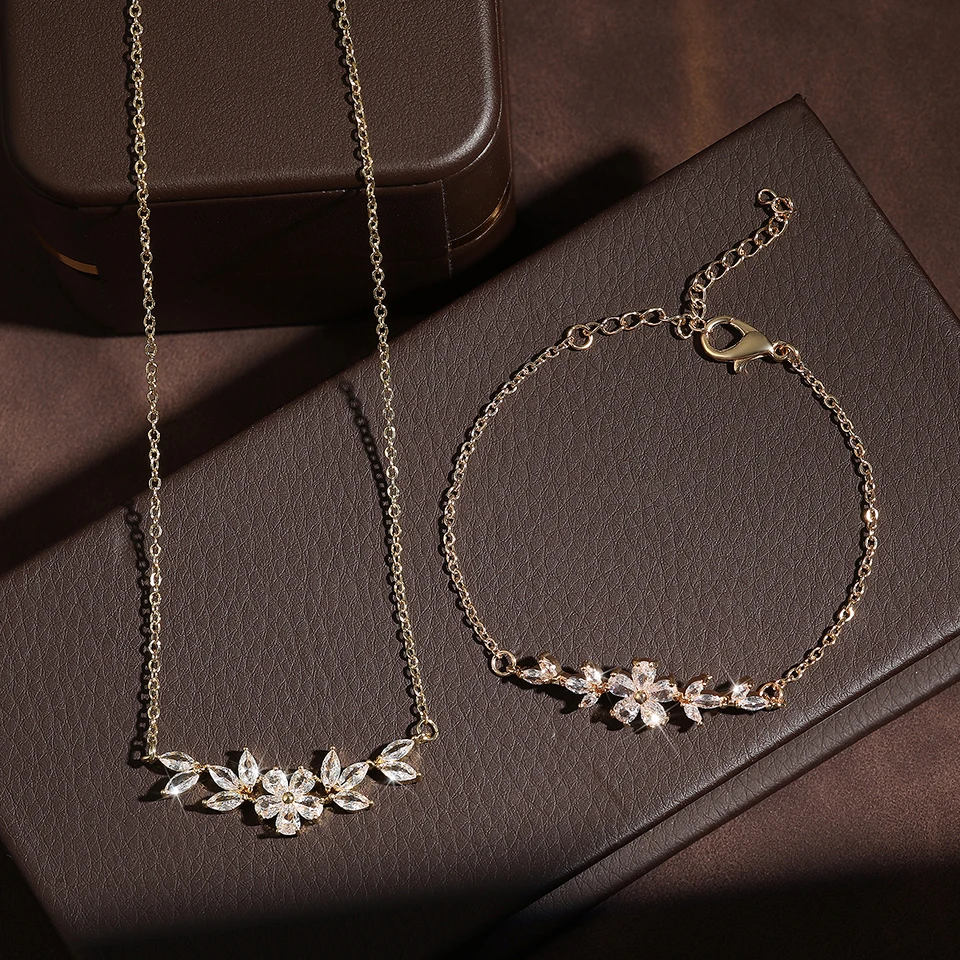 Women's Cubic Zirconia Flower Necklace Bracelet Charm Set