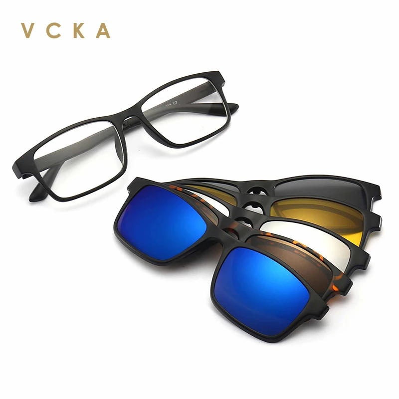 

VCKA Polarized Sunglasses Men Women Square TR90 Myopia Glasses Frame Five-piece Night Vision Magnetic Suction Sleeve Mirror