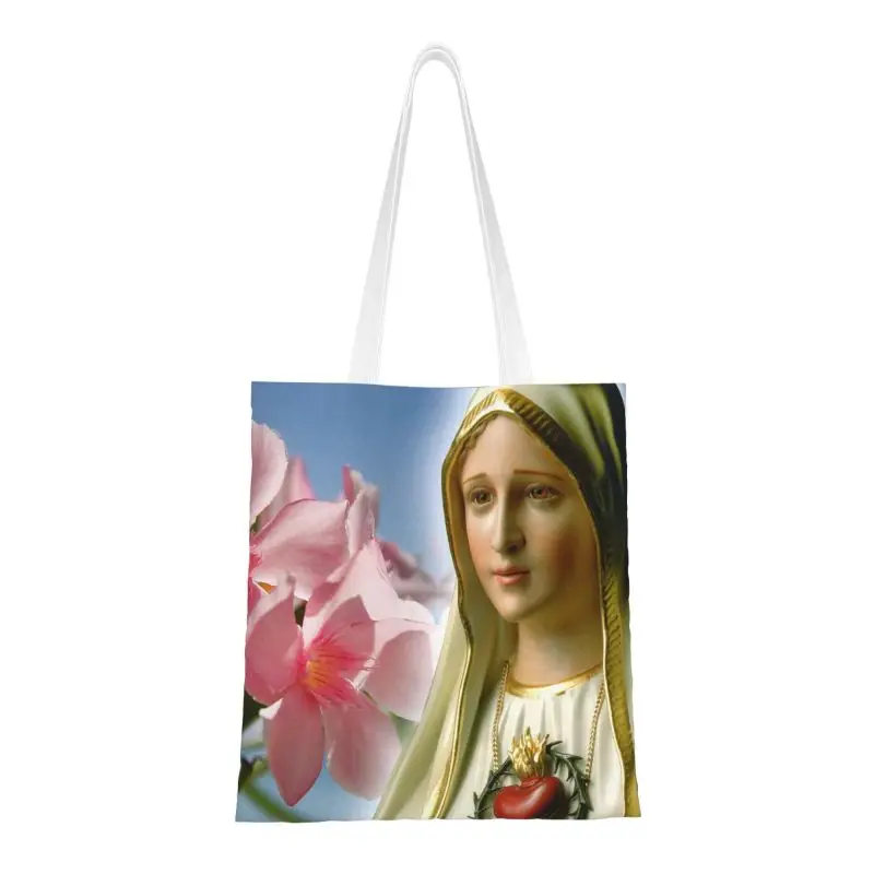 Custom Our Lady Of Fatima Canvas Shopping Bags Women Reusable Groceries Catholic Virgin Mary Shopper Tote Bags