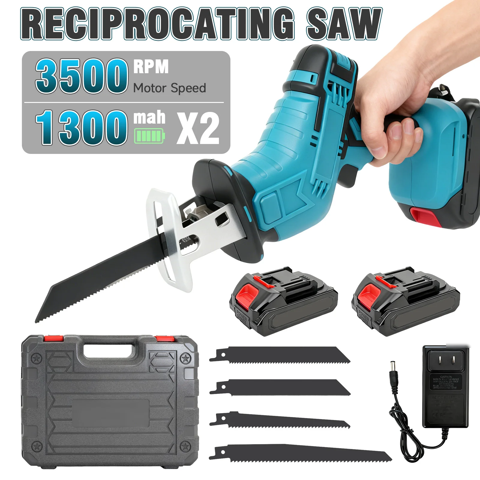21V Cordless Reciprocating Saw Electric Wood Metal Cutting Power Tool Portable With 4 Blades 2 Batteries