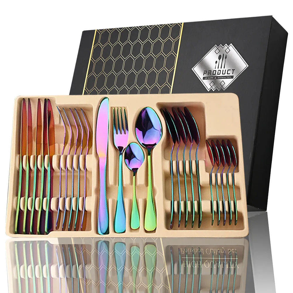 

24Pcs Tableware Flatware Set Non-fading Cutlery Sets Stainless Steel Dinnerware Rainbow Dinner Kitchen Home Festival Gift Box