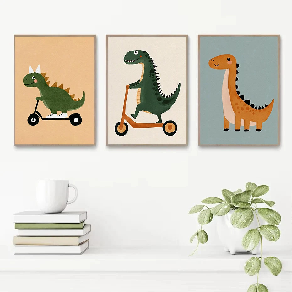 Cute Dinosaur Scooter Poster Animal Canvas Painting Print for Boys Room Art,Nursery Room Wall Decoration Cuadros