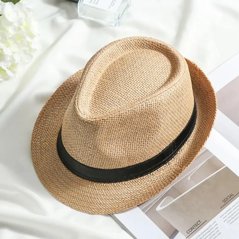 Fashion Men Gangster Cap Wide Brim Straw Hat Panama Cap Sun Hat Jazz Dress Cowboy Summer Solid Color Fedoras Ribbon Gangster