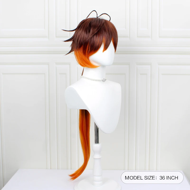 Genshin Impact Zhongli Cosplay 90cm Long Christmas Brown Orange Wig Cosplay Anime Wigs Heat Resistant Synthetic Wigs + Wig Cap