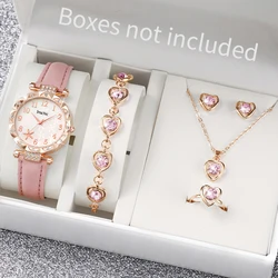 6pcs/Set Women's Flower Quartz Skin Leather Watch Strap Jewelry Set