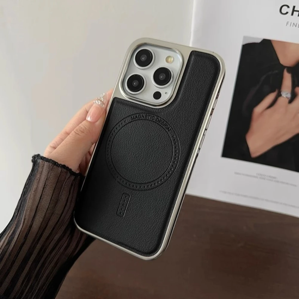 

Магнитный кожаный чехол для телефона для iPhone 17 16 15 Pro Max, роскошный чехол с полным покрытием и серебряными краями, матовая задняя крышка из искусственной кожи